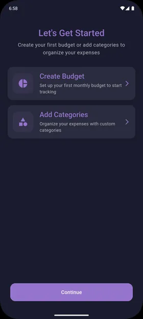 Pantalla de configuración inicial de presupuesto y categorías